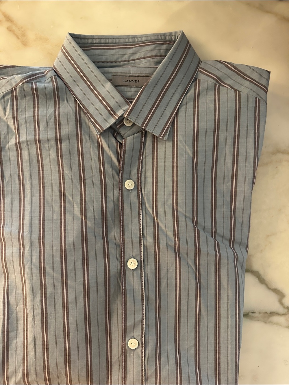 Lanvin Light Blue Dress Shirt with Brown & White Stripes